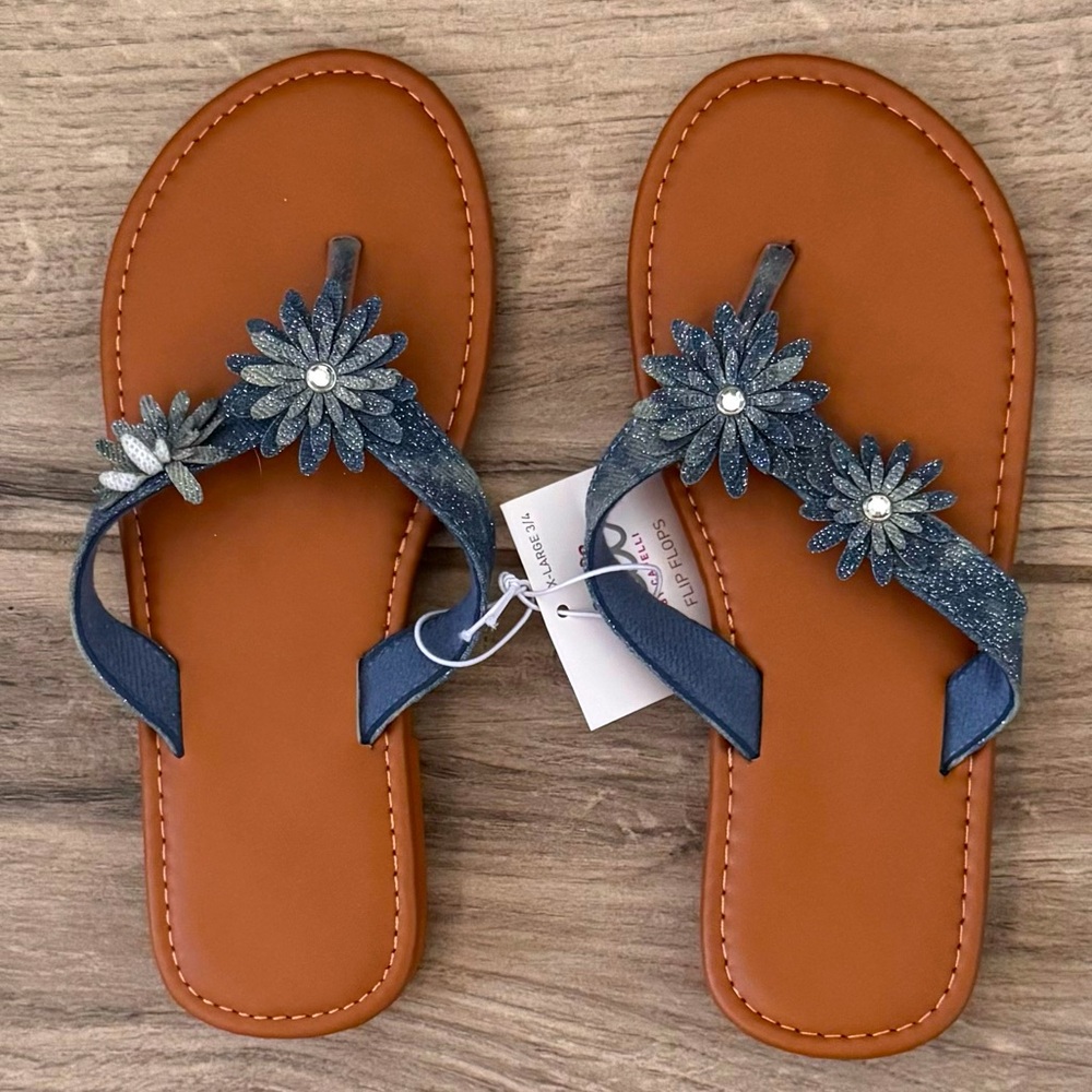Floral Embellished Tan and Blue Sandals